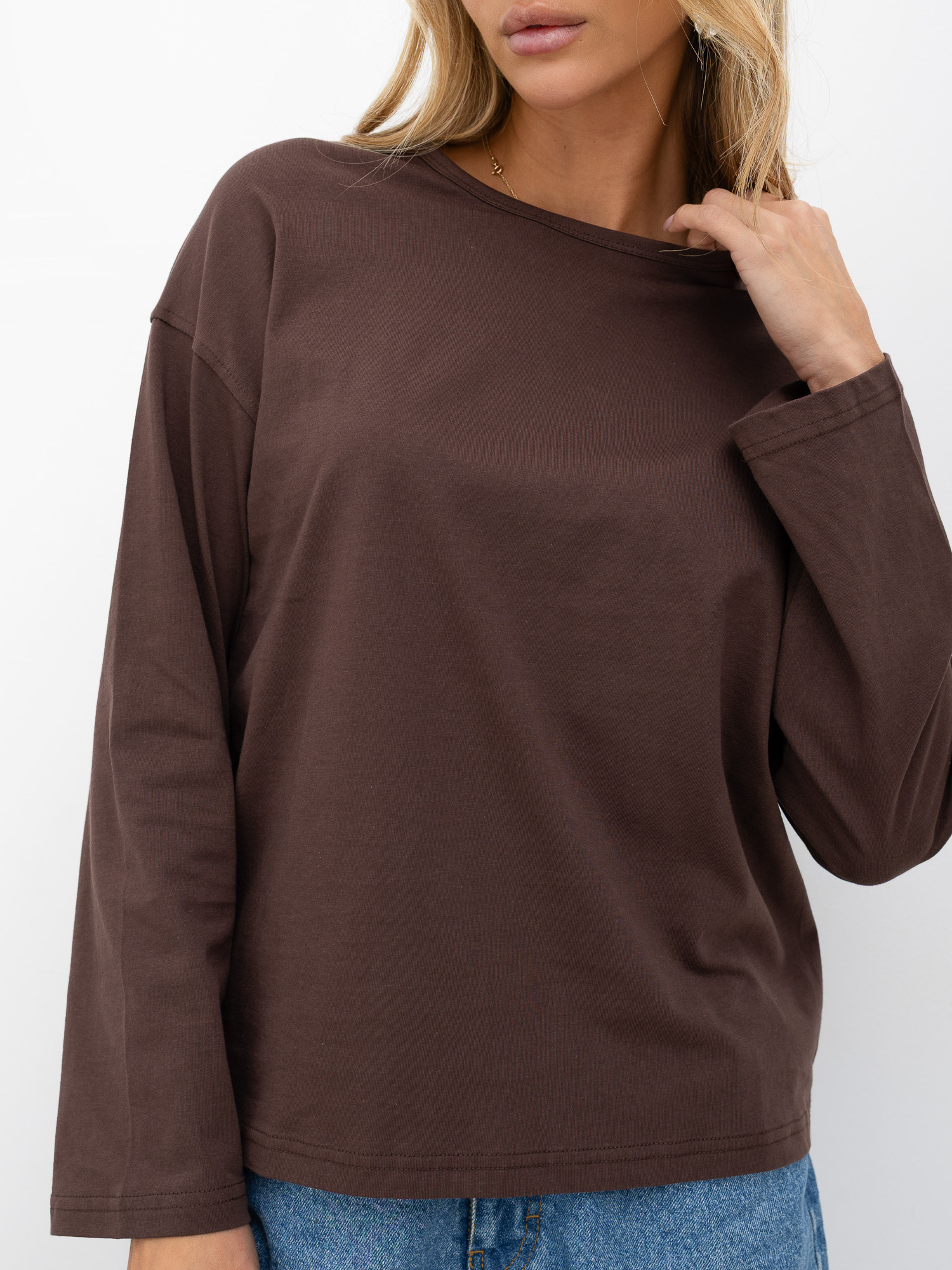 Brązowy damski longsleeve basic z bawełny