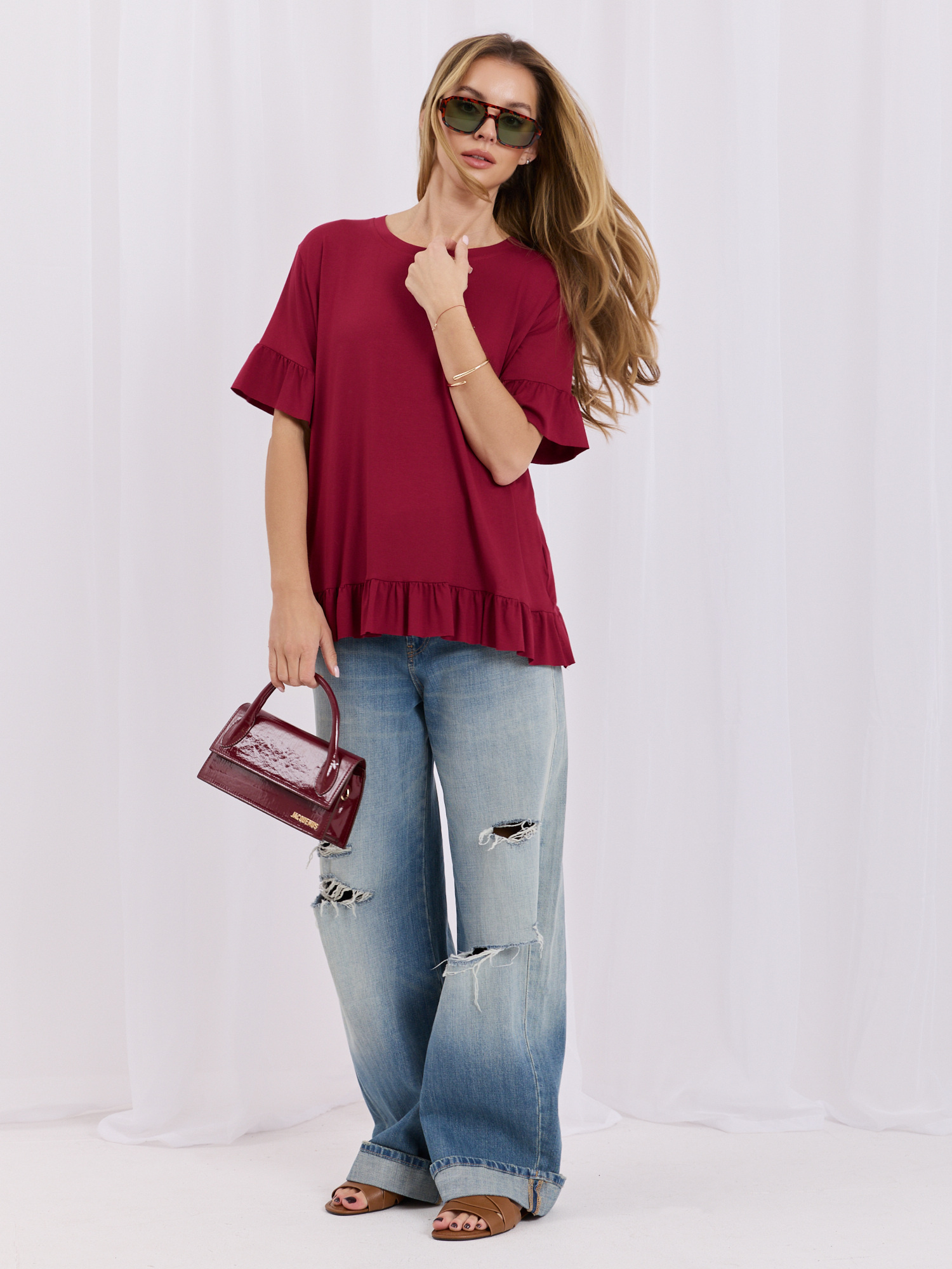 Bordowa damska bluzka oversize z wiskozy 