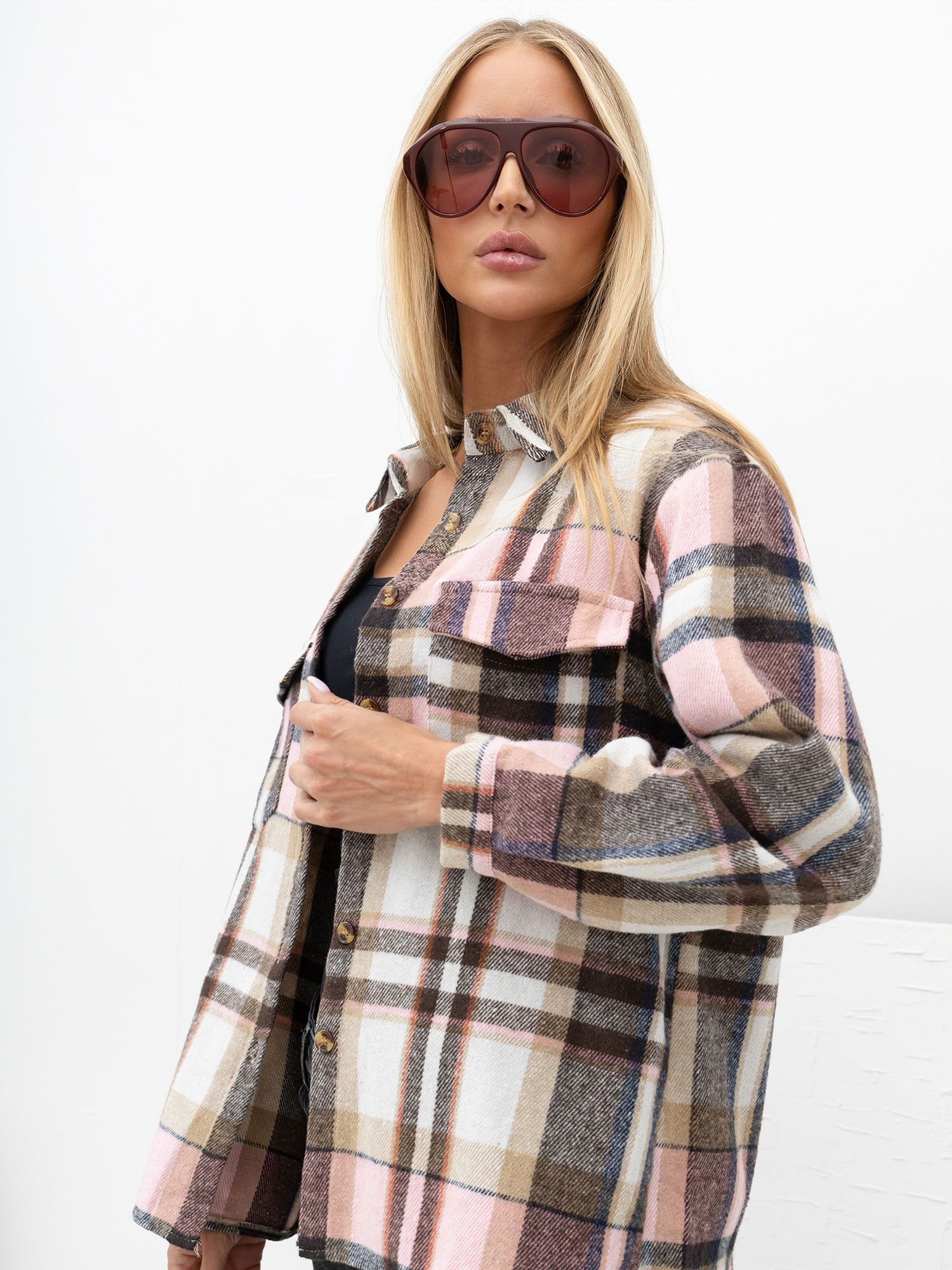 Różowa flanelowa koszula oversize w kratę