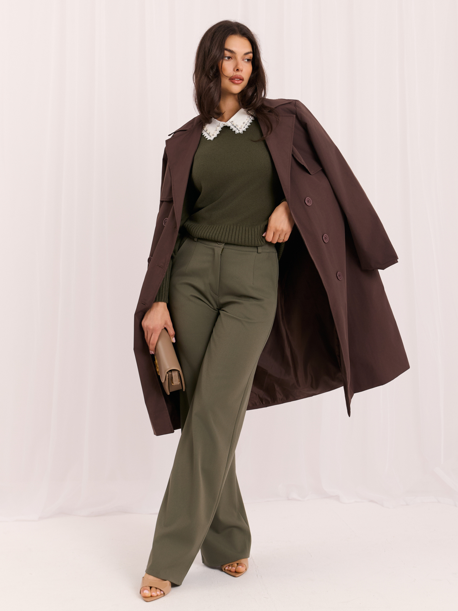 Khaki elegancki sweter z kołnierzykiem 