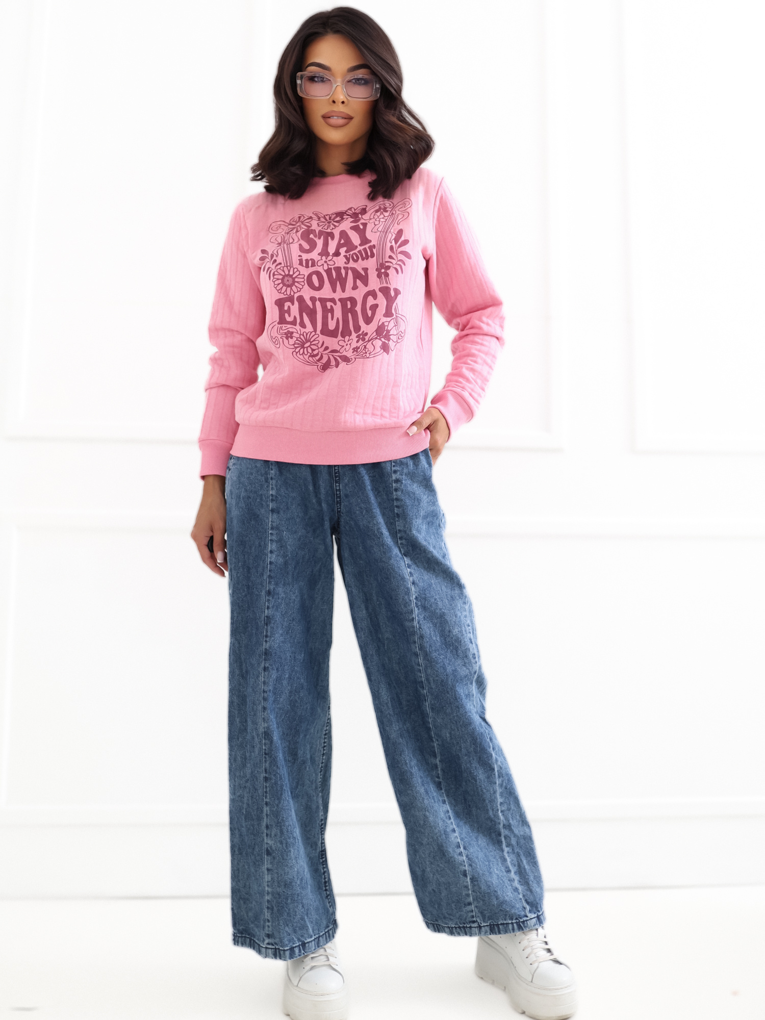 Ciemnoniebieskie jeansy wide leg z przeszyciami SUBLEVEL 