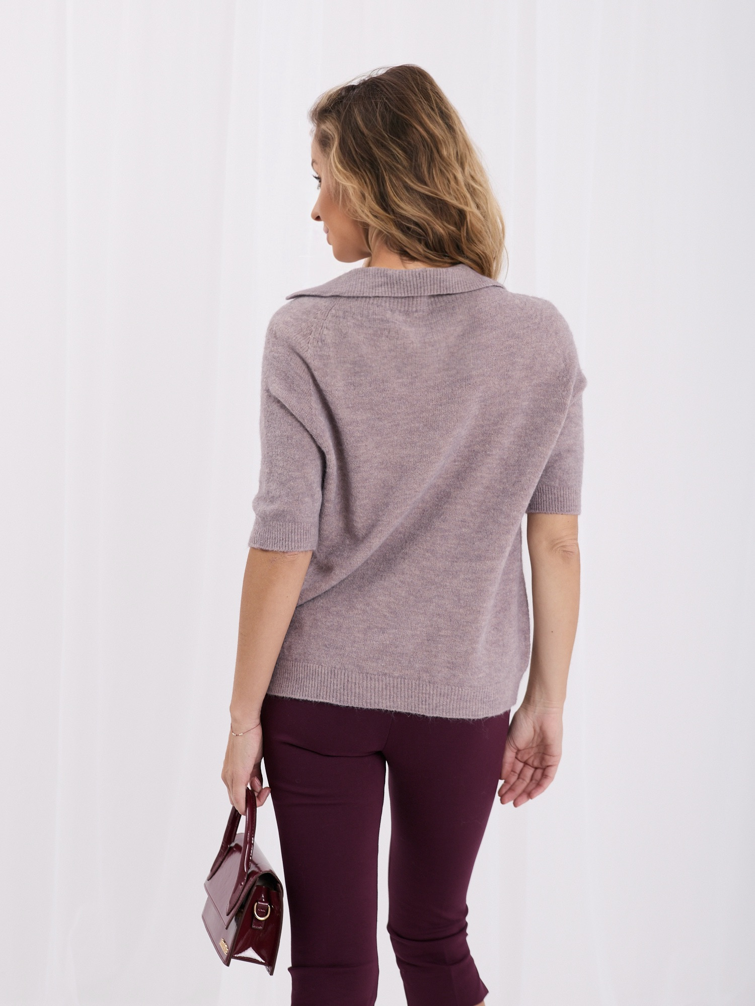 Fioletowy damski sweter polo z domieszką baby alpaki