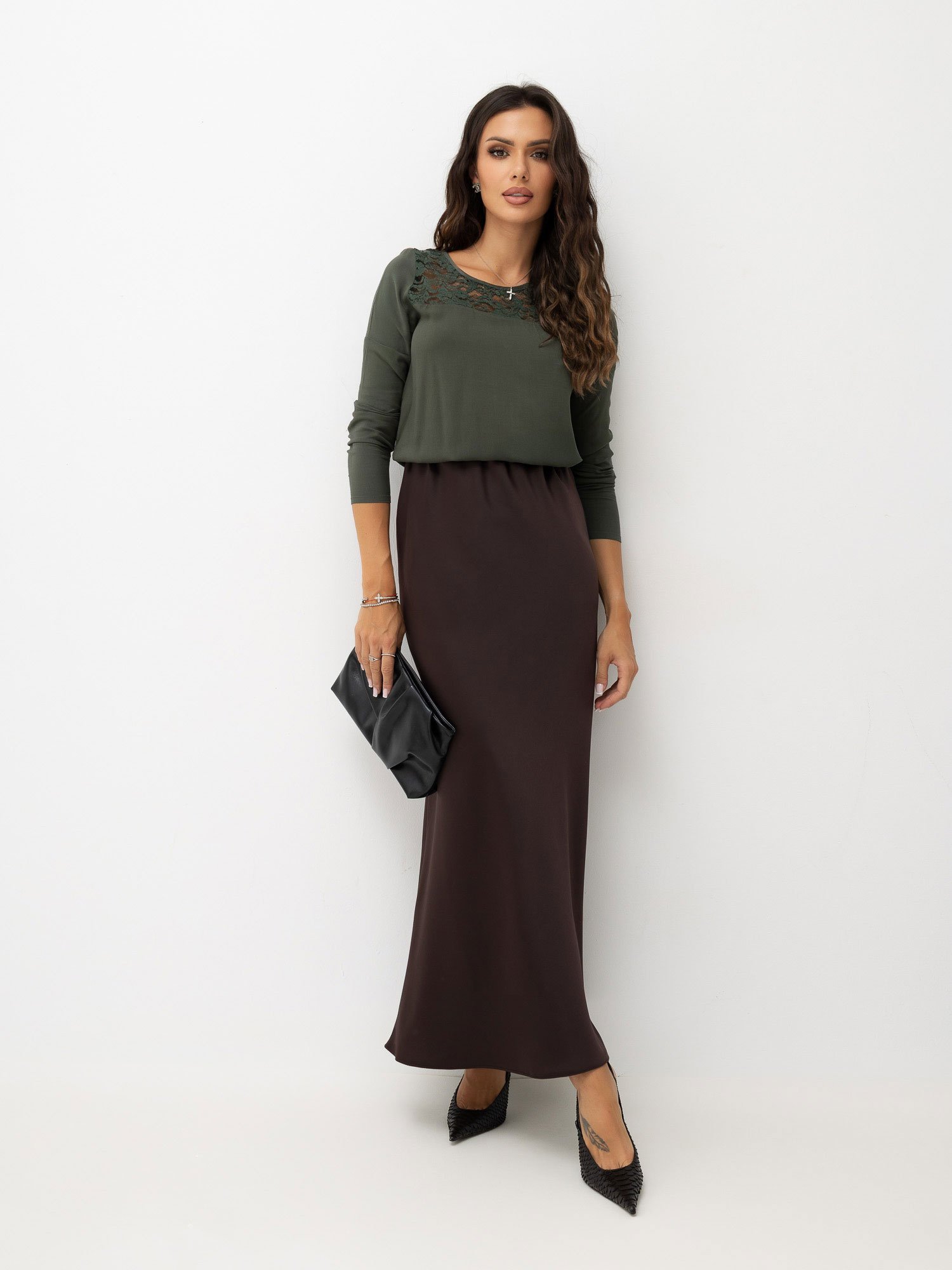 Khaki elegancka bluzka z koronką 