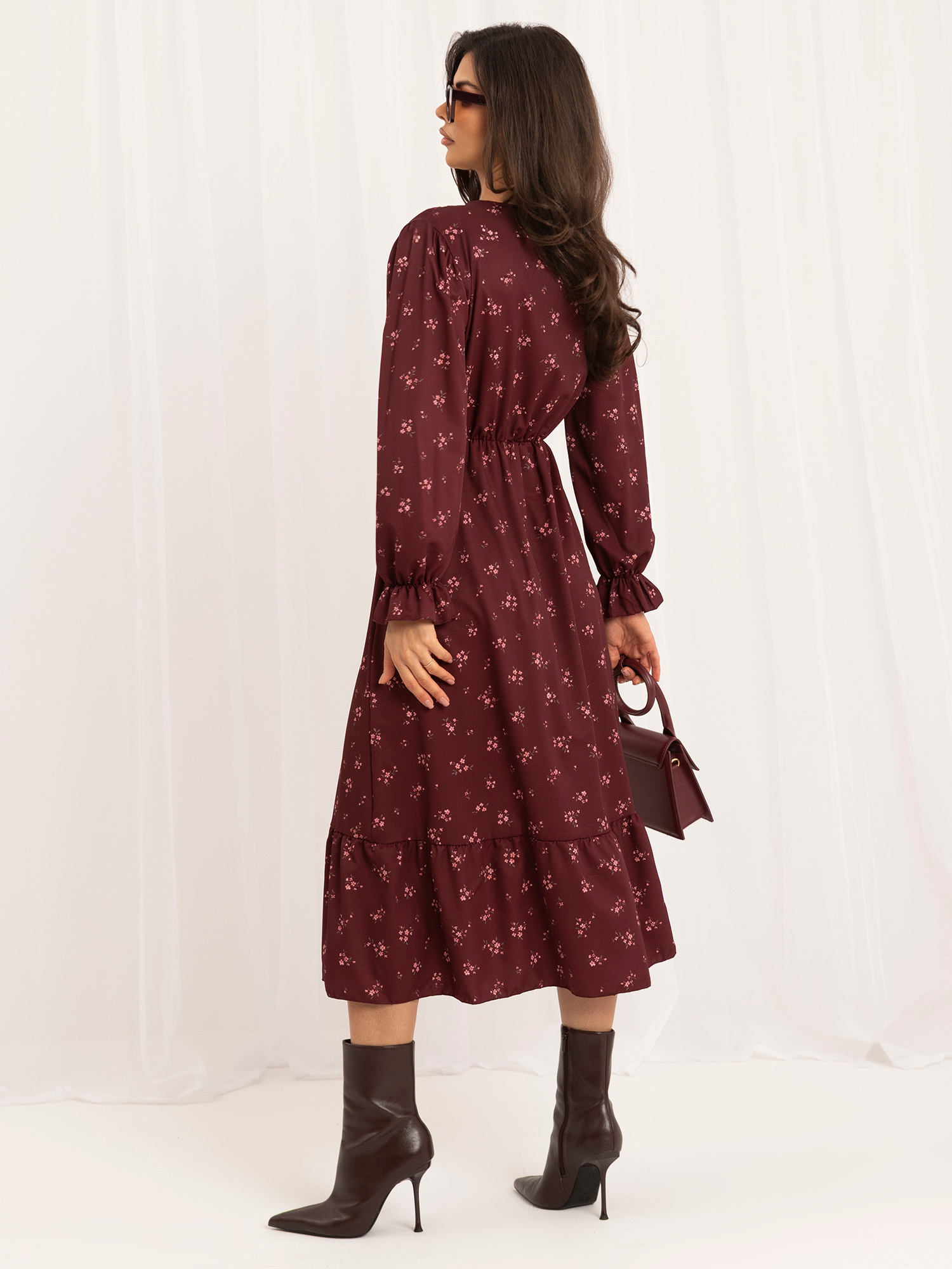 Burgundowa midi sukienka w kwiaty