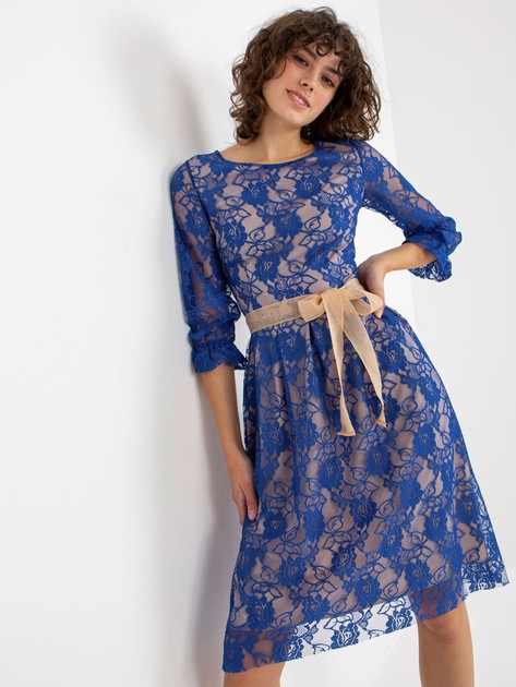 Ciemnoniebieska elegancka midi sukienka koktajlowa z koronką 