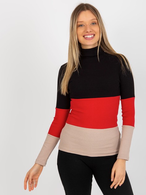 Czarno-czerwona damska prążkowana bluzka basic z golfem 