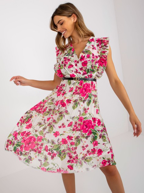 Ecru-różowa plisowana sukienka z kwiatowym printem 