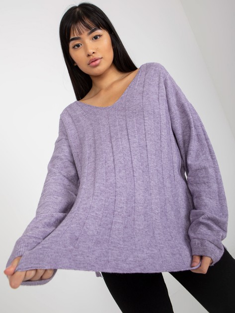 Fioletowy prążkowany sweter klasyczny z dekoltem V 