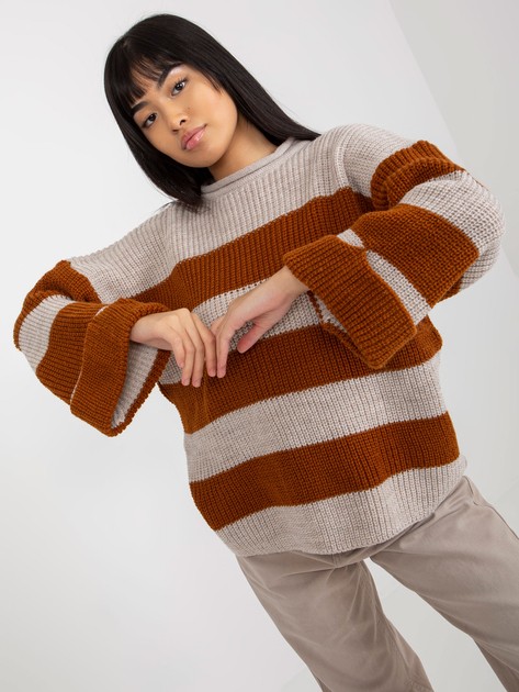 Jasnobrązowo-beżowy damski sweter oversize w paski