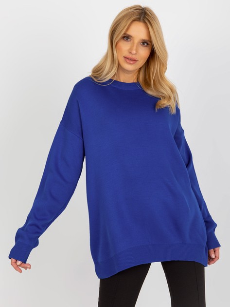 Kobaltowy damski sweter oversize z długim rękawem 