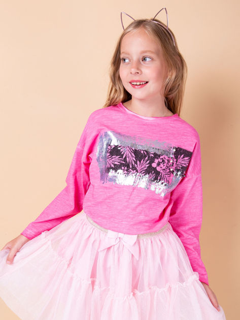 Różowa bluzka dla dziewczynki z nadrukiem i aplikacją