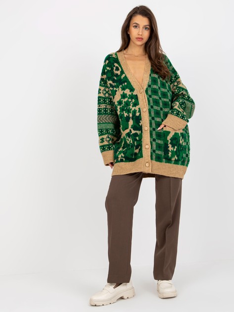 Zielono-camelowy rozpinany sweter oversize we wzory 